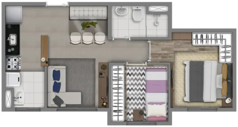 Planta 2 dormitórios 38 m²