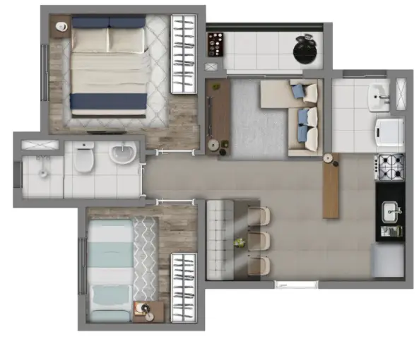 Planta 2 dormitórios 41 m²