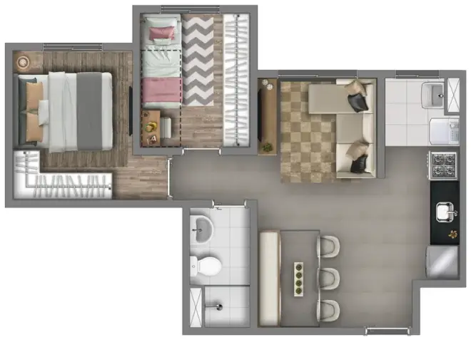 Planta 2 dormitórios 43 m²