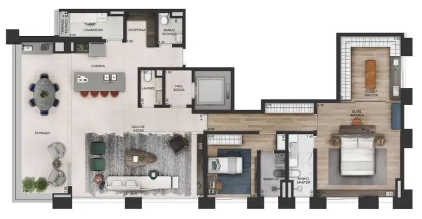 Planta 2 dormitórios – opção de planta 3 m²