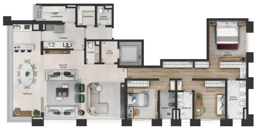 Planta 3 dormitórios – opção de planta 3 m²