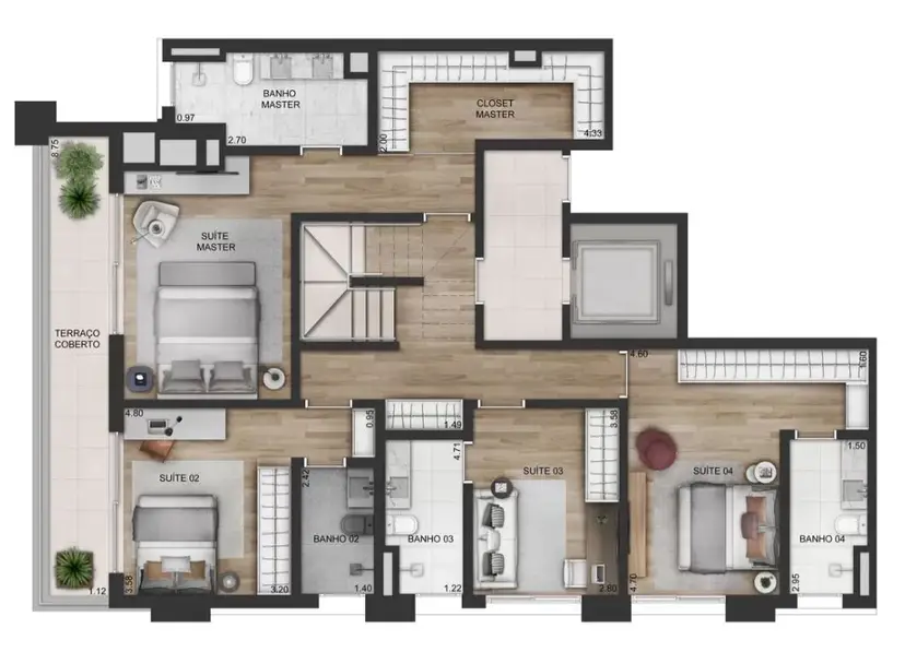Planta 4 dormitórios – cobertura, duplex 358,39 m²