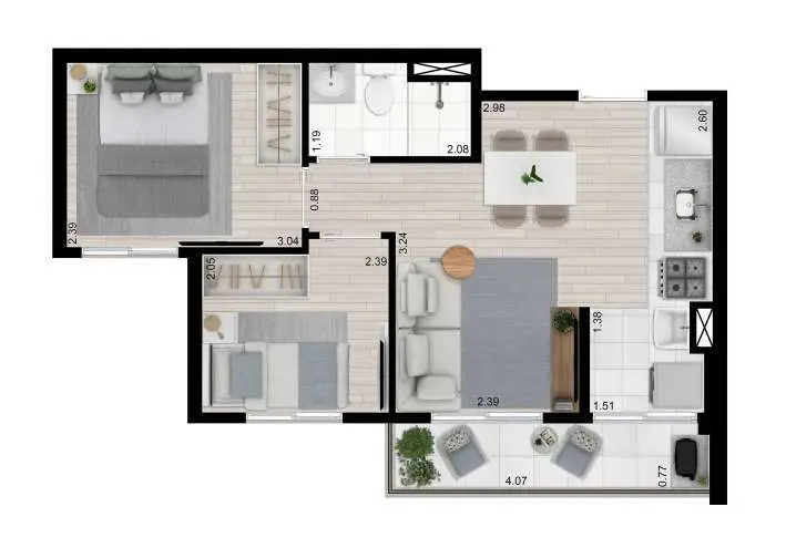 Planta 2 dormitórios 40,84 m²