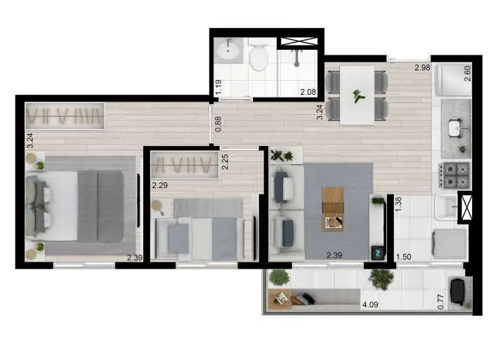 Planta 2 dormitórios 43,10 m²