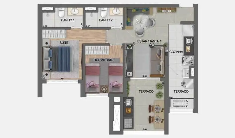 Planta 2 dormitórios 64 m²