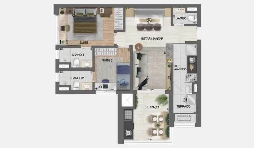 Planta 2 dormitórios 73 m²