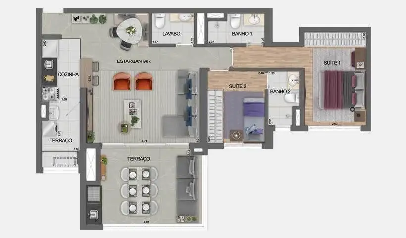 Planta 2 dormitórios – opção de planta 91 m²