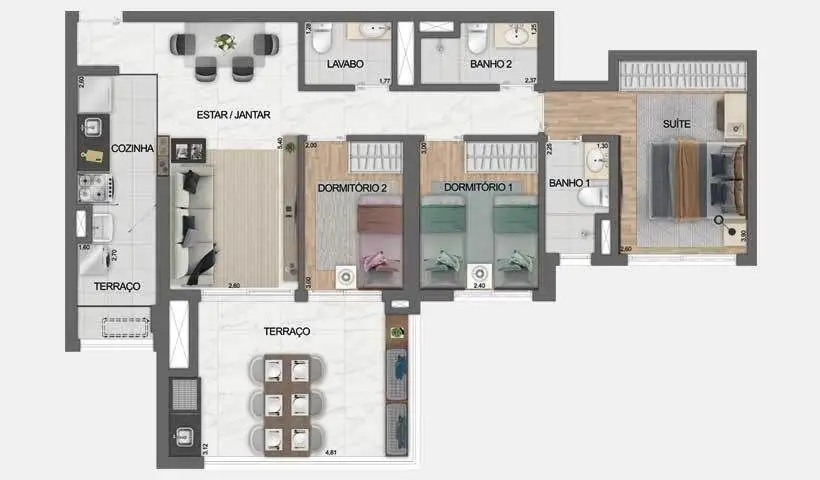 Planta 3 dormitórios 91 m²