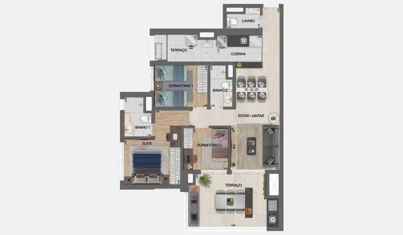 Planta 3 dormitórios 93 m²