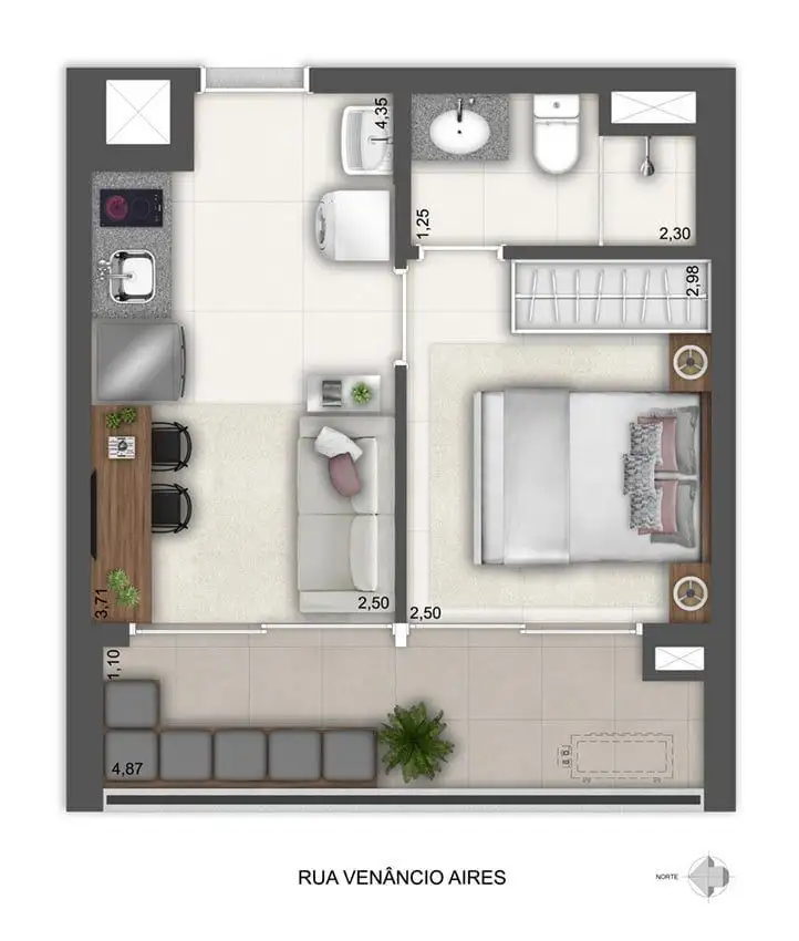 Planta 1 dormitório 31,63 m²