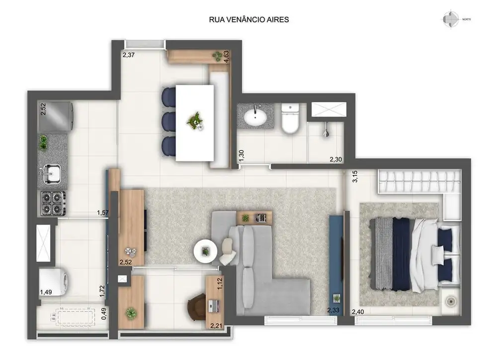 Planta 1 dormitório – opção de planta 46,91 m²