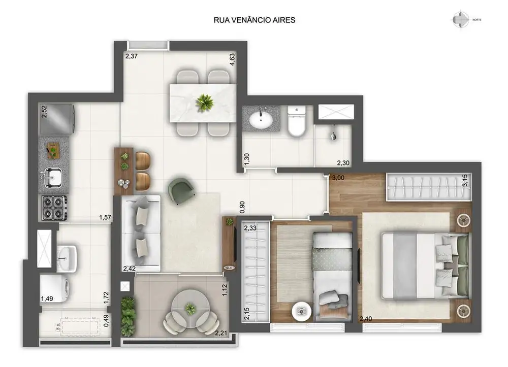 Planta 2 dormitórios 46,91 m²