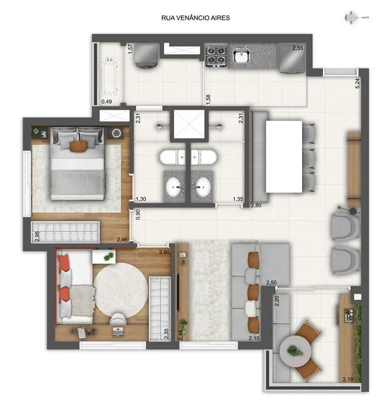Planta 2 dormitórios – opção de planta 62,66 m²
