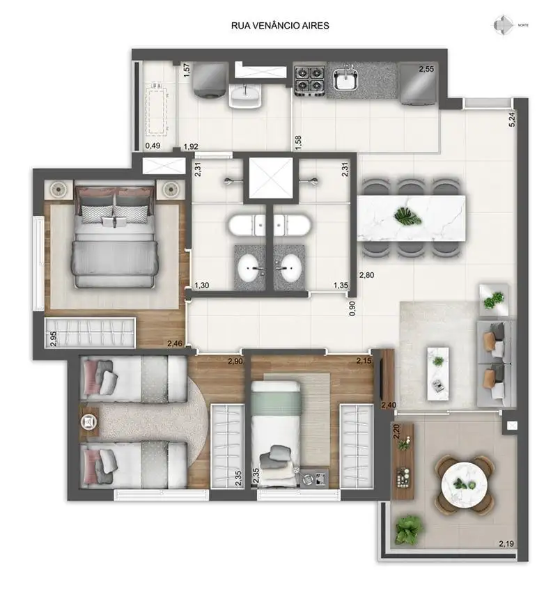 Planta 3 dormitórios 62,66 m²