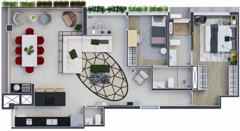Planta 2 dormitórios 96 m²