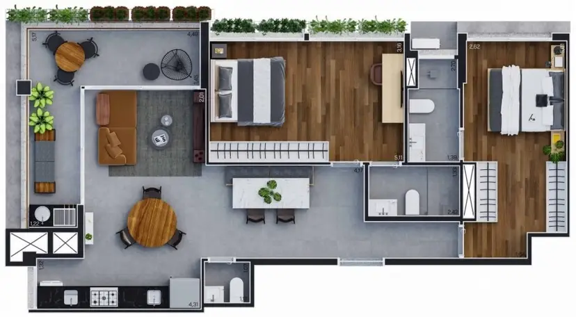 Planta 2 dormitórios 96 m²
