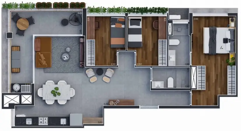 Planta 3 dormitórios 96 m²