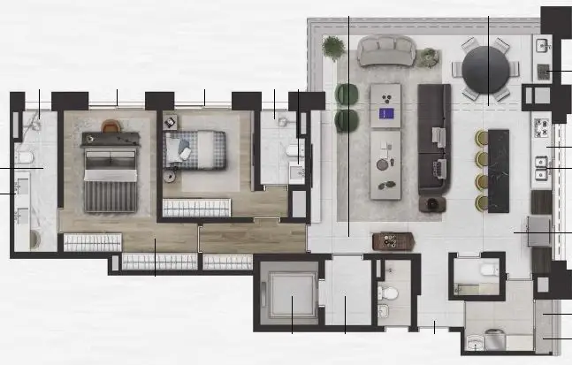 Planta 2 dormitórios 135 m²