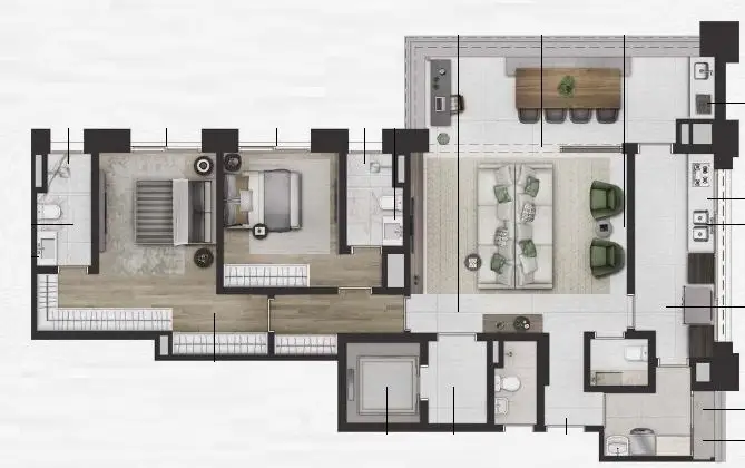 Planta 2 dormitórios 135 m²