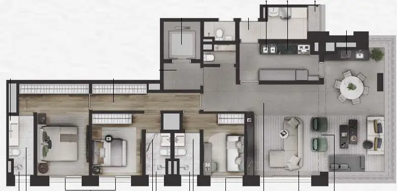 Planta 3 dormitórios 154 m²