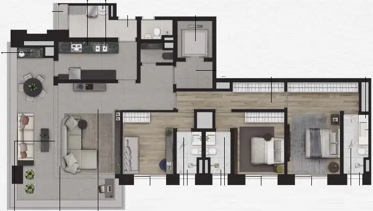 Planta 3 dormitórios 154 m²