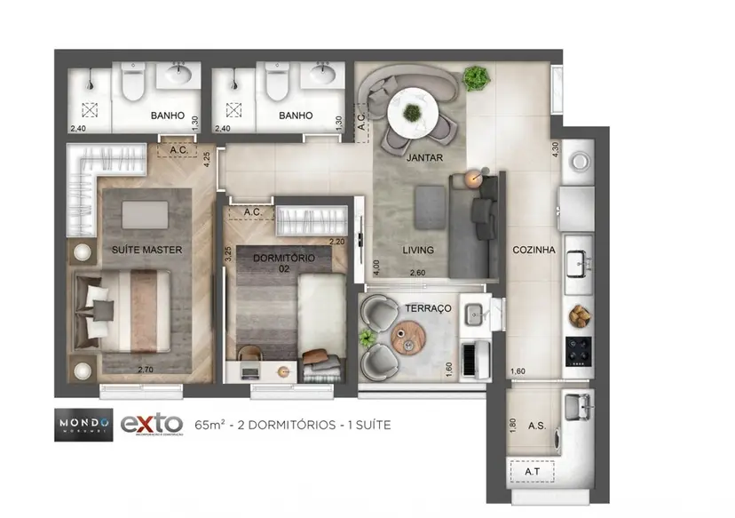 Planta 2 dormitórios 62 m²