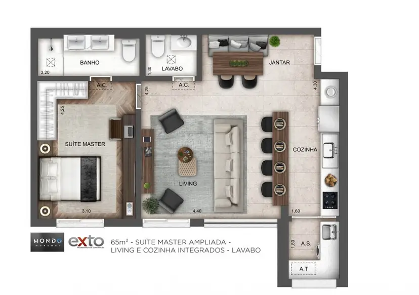 Planta 1 dormitório – opção de planta 65 m²