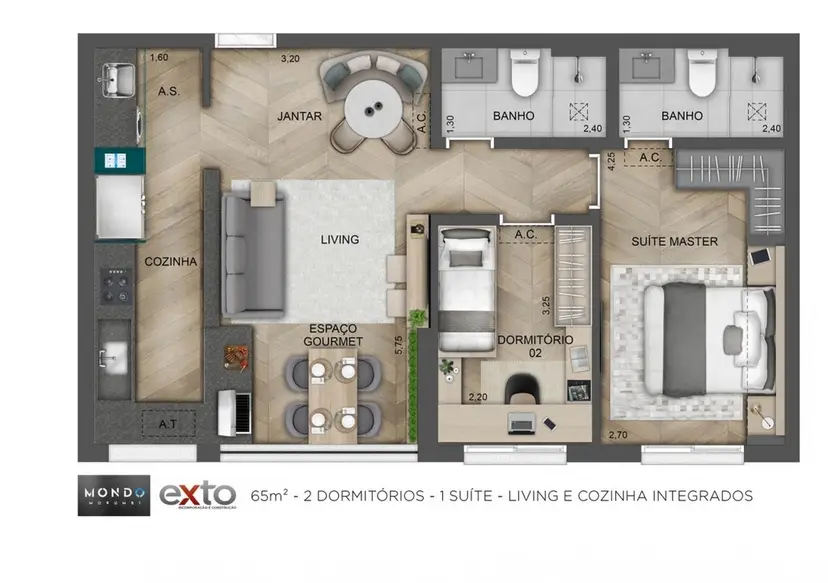 Planta 2 dormitórios 65 m²
