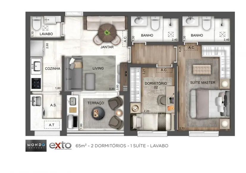 Planta 2 dormitórios 65 m²