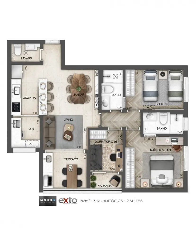 Planta 3 dormitórios 82 m²