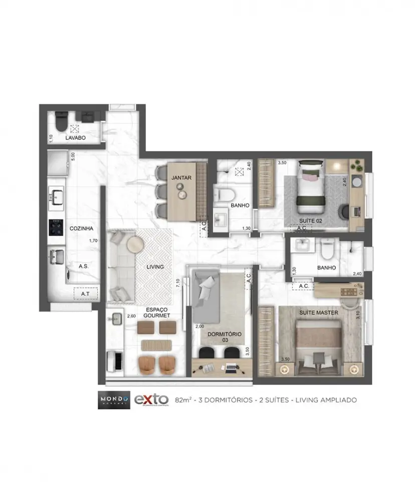 Planta 3 dormitórios 82 m²