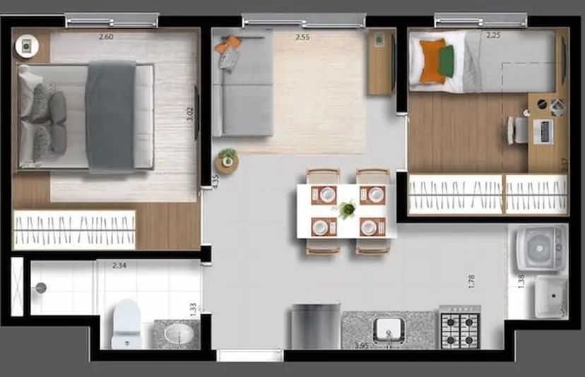 Planta 2 dormitórios 31 m²