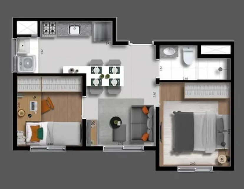 Planta 2 dormitórios 33 m²
