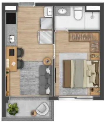 Planta 1 dormitório 30 m²