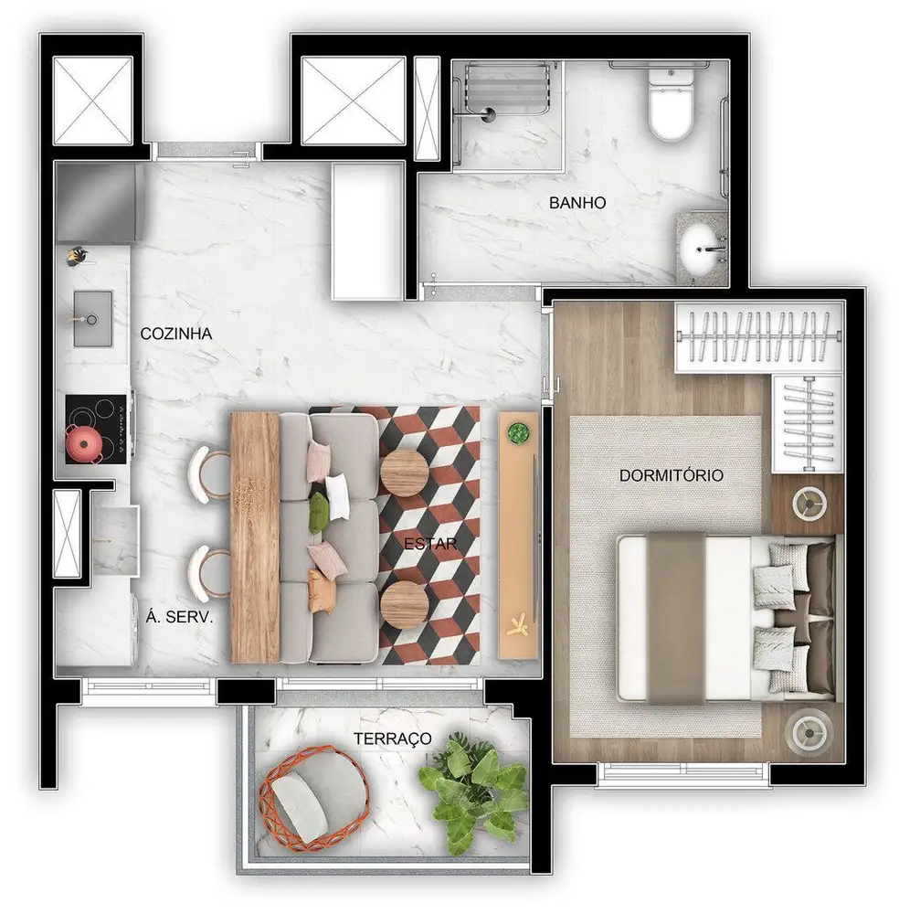 Planta 1 dormitório 38 m²