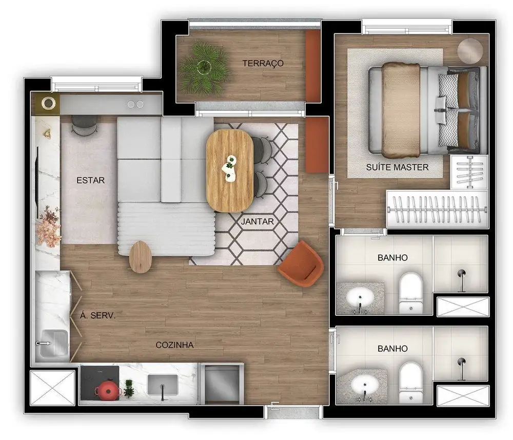 Planta 1 dormitório – opção de planta 42 m²