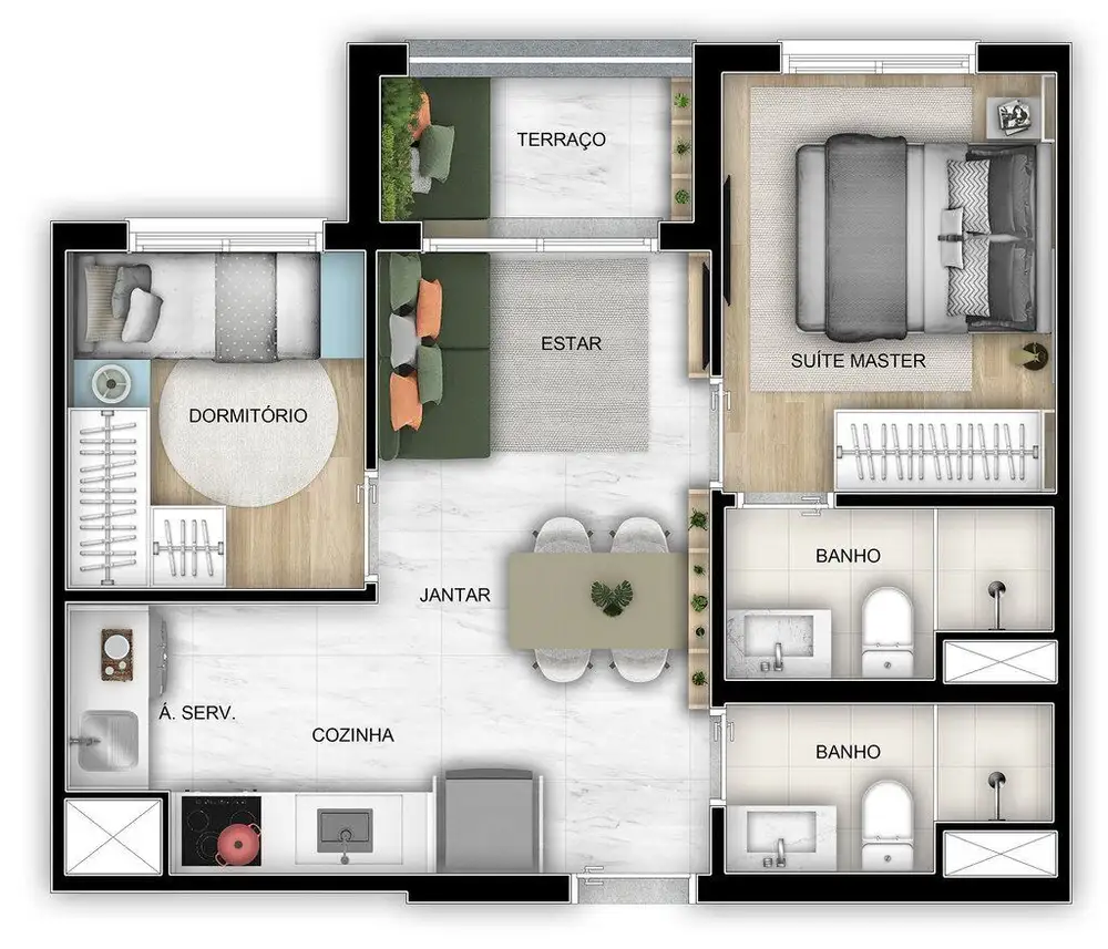 Planta 2 dormitórios 42 m²