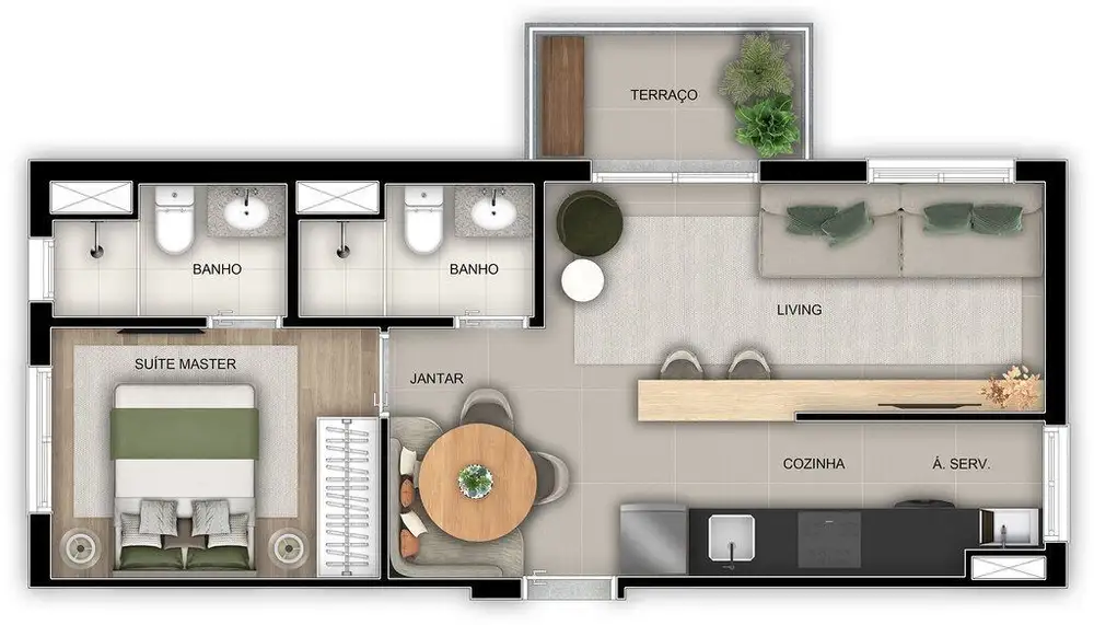 Planta 1 dormitório – opção de planta 44 m²