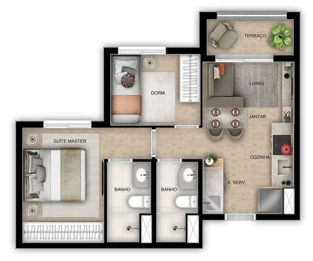 Planta 2 dormitórios 44 m²