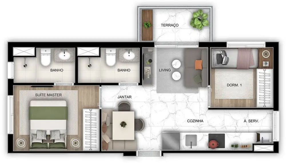 Planta 2 dormitórios 44 m²