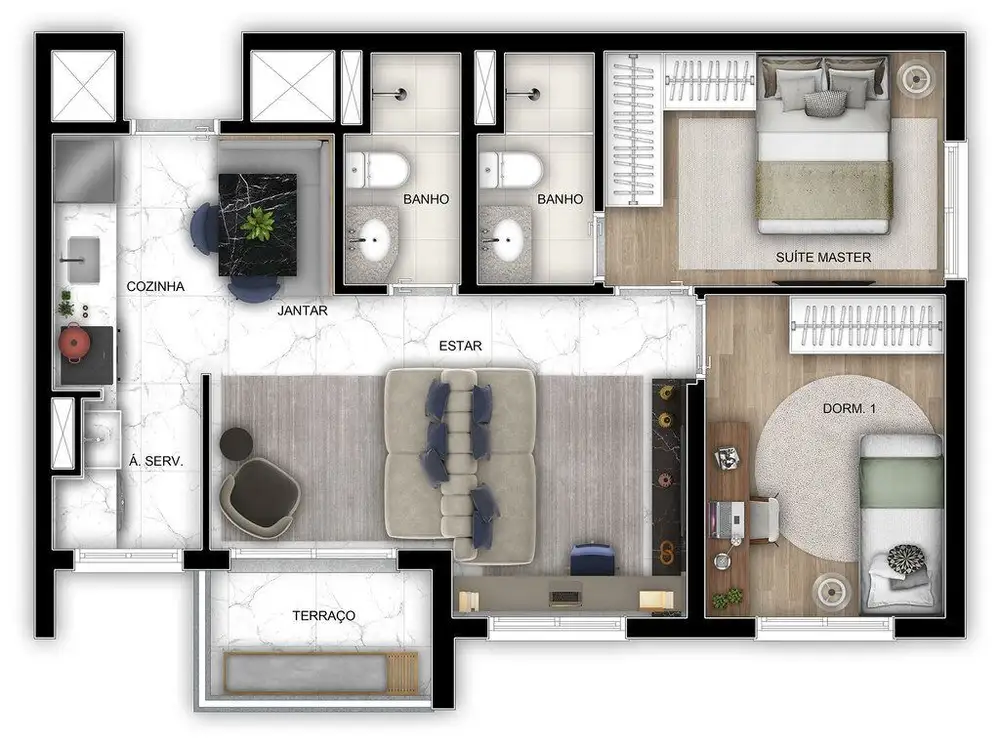 Planta 2 dormitórios – opção de planta 56 m²