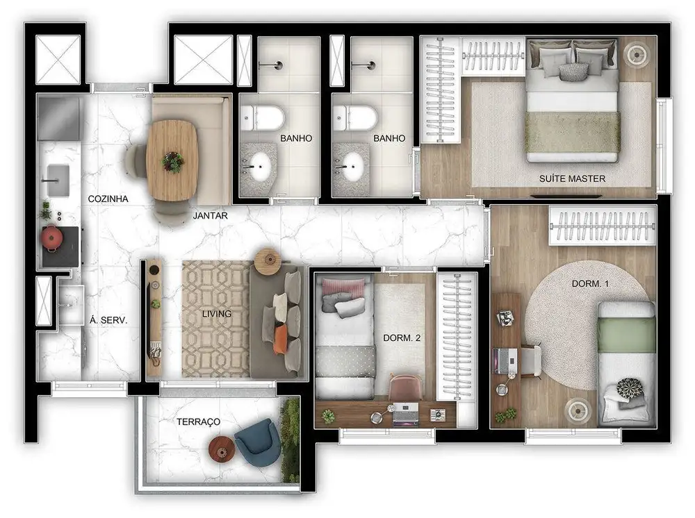 Planta 3 dormitórios 56 m²