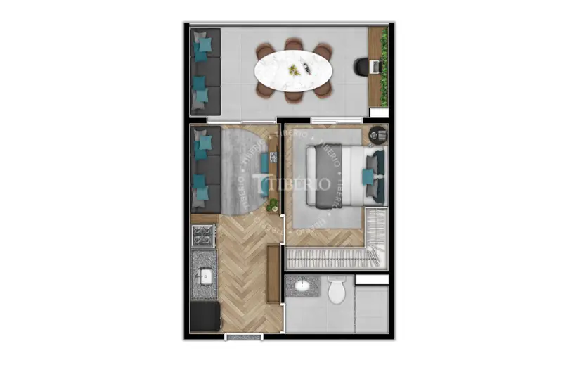 Planta 1 dormitório 34,69 m²