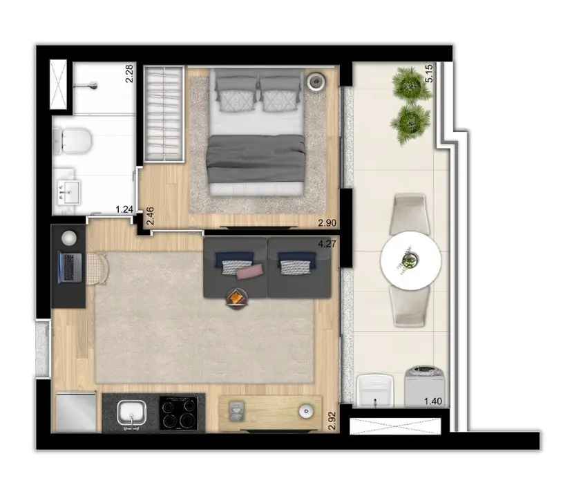 Planta 1 dormitório 36,75 m²