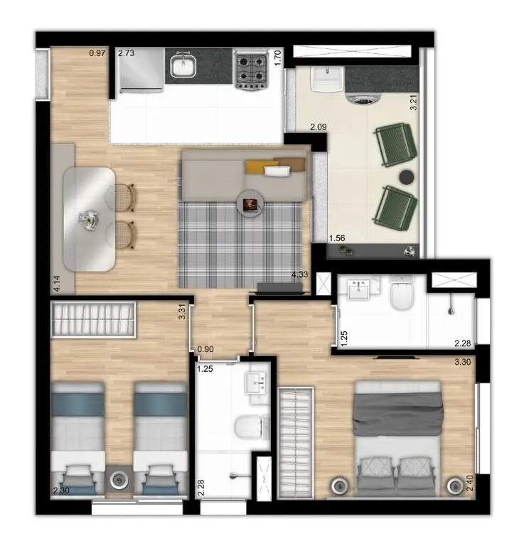 Planta 2 dormitórios 57,15 m²
