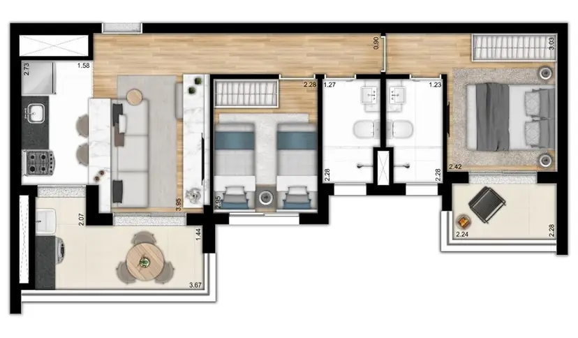 Planta 2 dormitórios 60,55 m²