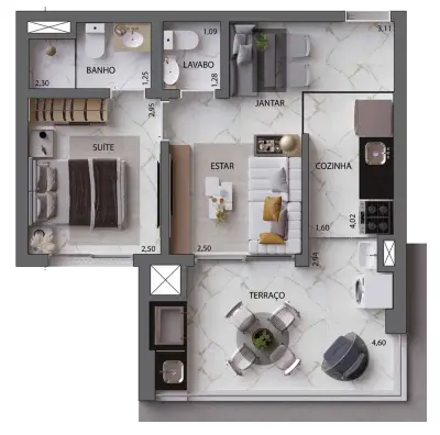 Planta 1 dormitório 46 m²