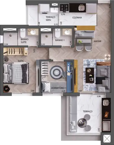 Planta 2 dormitórios 60 m²