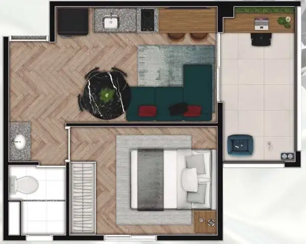 Planta 1 dormitório 31,34 m²