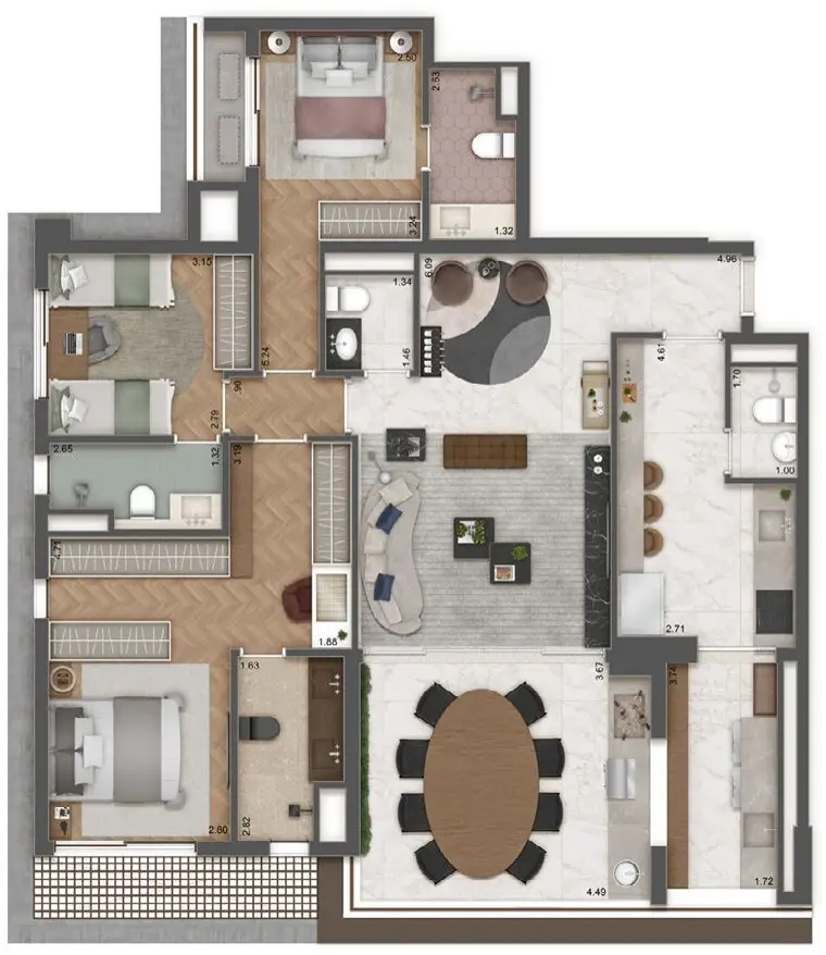 Planta 3 dormitórios – opção de planta 132,40 m²